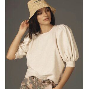 Maeve Short Puff-Sleeve Sweatshirt in Beige